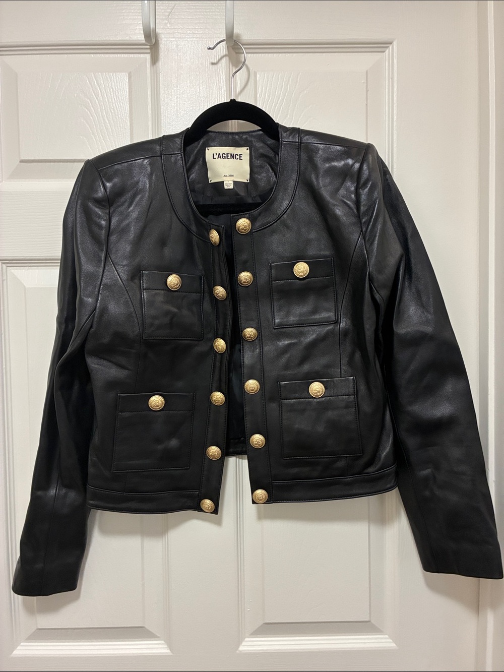 L'AGENCE Black Leather Jacket with Gold Buttons Size 6 - Picture 2 of 7